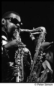 Rahsaan Roland Kirk in performance on two saxophones, Newport Jazz Festival