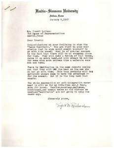 Letter from Rupert N. Richardson to Truett Latimer, January 6, 1957