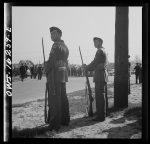 Detroit, Michigan. Riot at the Sojourner Truth homes, a new U.S. federal housing project, caused by white neighbors' attempt to prevent Negro tenants from moving in. Home guard soldiers on duty