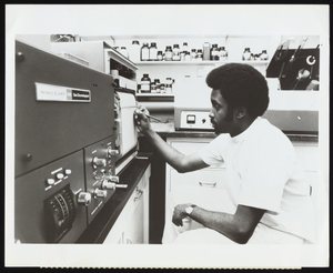 Michael D. Shaw conducting urine analysis at St. Francis Hospital toxicology laboratory