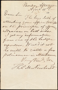 Thumbnail for Letter from Thomas Newbould, to James Miller M'Kim, April 15th [1861]