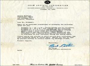 Letter from Bob Astor of Shaw Artists Corp. to Andew Mitchell, 1954