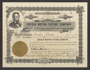 Stock certificate for the Lincoln Motion Picture Company.