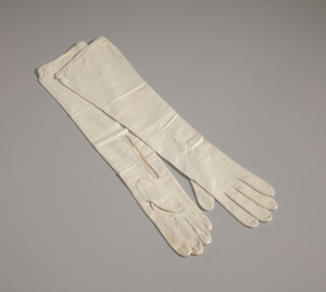 Pair of elbow length cream leather gloves from Mae's Millinery Shop