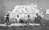 Breakdancers pose in front of Finals graffiti mural, Hartford, 1984