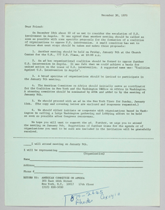 Letter announcing meeting to oppose US intervention in Angola