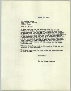 Letter from Curtis King to Ronnie Rhone, April 14, 1978