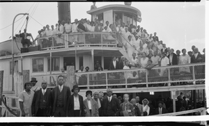 Group on boat E. Madison Hall: boat docked, shows bridge (pilot house) : acetate film photonegative.