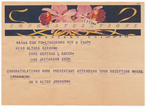 Telegram to Althea Gibson from Robert Walter Johnson