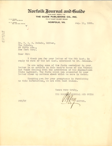 Letter from Norfolk Journal and Guide to W. E. B. Du Bois