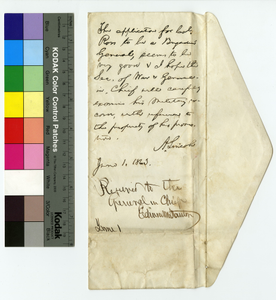 Note from Abraham Lincoln to the General in Chief, on an envelope.