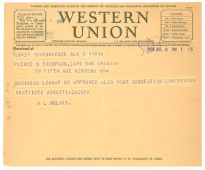 Telegram from Tuskegee Normal and Industrial Institute to Crisis