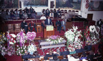 Tom Bradley speaking from the pulpit at Jessie Mae Beavers' funeral, Los Angeles, 1989