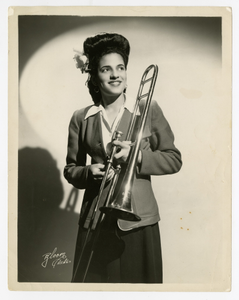 Member of the International Sweethearts of Rhythm, trombonist.] [Black-and-white photoprint