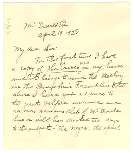 Letter from S. J. Johns to W. E. B. Du Bois