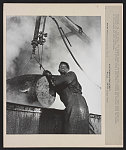 Pittsburgh, Pa. The coopers plant at the Penola, Inc. grease plant, where large drums and containers are reconditioned Here a workman lifts a drum from a boiling lye solution which has cleaned it from grease and dirt particles /