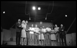 We Shall Overcome: performers on stage, Newport Folk Festival Left to right: Peter Yarrow, Mary Travers, Paul Stookey, Joan Baez, Bob Dylan, Bernice Reagon, Cordell Reagon, Charles Neblett, Rutha Harris, Pete Seeger, and Theodore Bikel