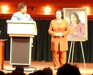 Coretta Scott King and Cassandra Berry on stage