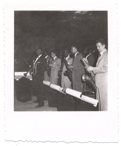 Dizzy Gillespie and band on stage, undated.] [Black-and white-photoprint