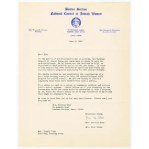 Letter from Mrs. Bertram Star and Mrs. Paul Cohen of the Boston Section of the National Council of Jewish Women to Mrs. Donald Taub, Chairman, Evening Group