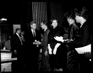 Senator John F. Kennedy and Jacqueline Kennedy at Howard University during presidential campaign] [cellulose acetate photonegative