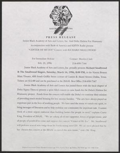 Press release: Junior Black Academy of Arts and Letters, Inc. And Delta Habitat for Humanity in conjunction with Bank of American and KHVN Radio present "Center of My Joy" Concert with Richard Smallwood