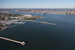 An October 2017 aerial view of Portland, Maine's, harbor, with a focus on the [Spring Point Ledge Lighthouse] in South Portland