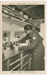 Picture postcard of a volunteer serving troops out of a Red Cross “Clubmobile"