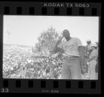 Magic Johnson joking with crowd at Lakers World Championship rally in Los Angeles, Calif., 1985