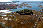 An October 2017 aerial view of the tidal terrain, including a lone railroad track near Old Orchard Beach, Maine