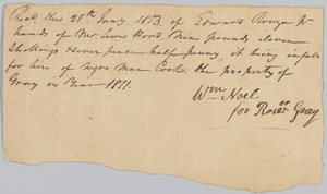 Payment receipt to Rosa Gray for the hire of an enslaved man, Cook