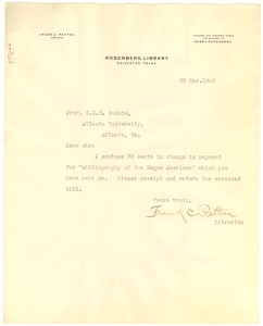 Letter from the librarian of Rosenberg Library to W. E. B. Du Bois