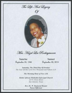 Funeral Program for Hazel Lee Rockeymoore, October 3, 2015