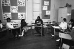 Career Day participant talking with students, Los Angeles, 1985