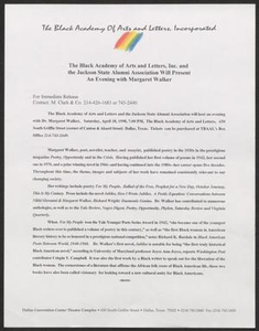 Press release: The Black Academy of Arts and Letters, Inc. and the Jackson State Alumni Association will Present an Evening with Margaret Walker