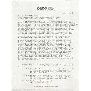 Memo, personal harassment on July 15 and 16, 1976.