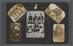 Scrapbook page consisting of snapshots of young women friends identified as "The Ki-Yi Gang," Louise and "Pal," Addie, and "J.W.'s" Pretty Baby; a group portrait from the Ki-Yi's summer outing; and a clipping of a group portrait of the Acme Basketball Club, 1915, circa 1918