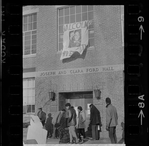 Black student sympathizers stand outside Ford Hall at Brandeis University