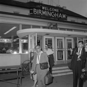 Freedom Rider James Peck leaving the airport in Birmingham, Alabama, to board a flight for New Orleans.