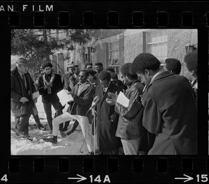 Members of the Afro-American Organization at Brandeis University gather in front of Ford Hall to make a statement that Black instructors should teach Black oriented courses