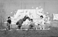 Breakdancers dance in front of Finals graffiti mural, Hartford, 1984