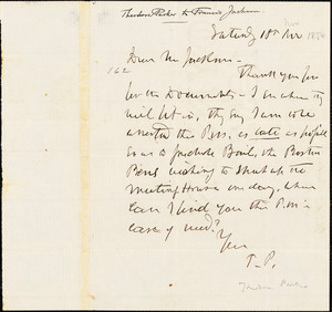 Letter from Theodore Parker to Francis Jackson, [1854] Nov[ember] 18