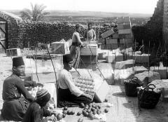 Syria. Jaffa. Packing Oranges for Shipment; Men Dresses in light Suits and Fezes; A Negro Boy