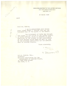 Letter from India United Nations Delegation to W. E. B. Du Bois