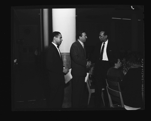 Howard U. Medical School Banquet (Adam Powell and Honorees Doris and Henry) Adam Powell Speaking March 1956 [from enclosure] [black-and-white cellulose acetate photonegative]