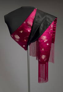 Pink satin scarf with brocaded flowers and fringe from Mae's Millinery Shop