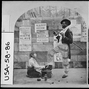 Stereoview of a scene from a minstrel show entitled "Whilte Slave," United States, ca. 1859