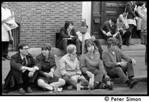 White student supporters of Umoja (Black student union) activists seated on sidewalk, during occupation of administration building, Boston University