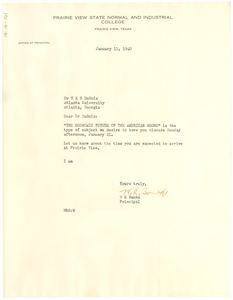 Letter from Prairie View State College to W. E. B. Du Bois