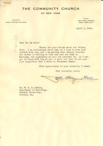 Letter from John Haynes Holmes to W. E. B. Du Bois